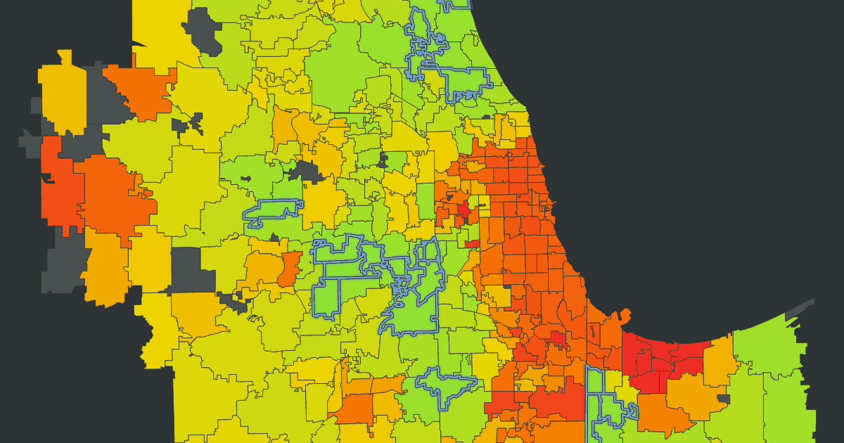 Map of Chicago-area zip codes colored from red (low score) to green (high score), with the 20 best-value zips outlined in blue