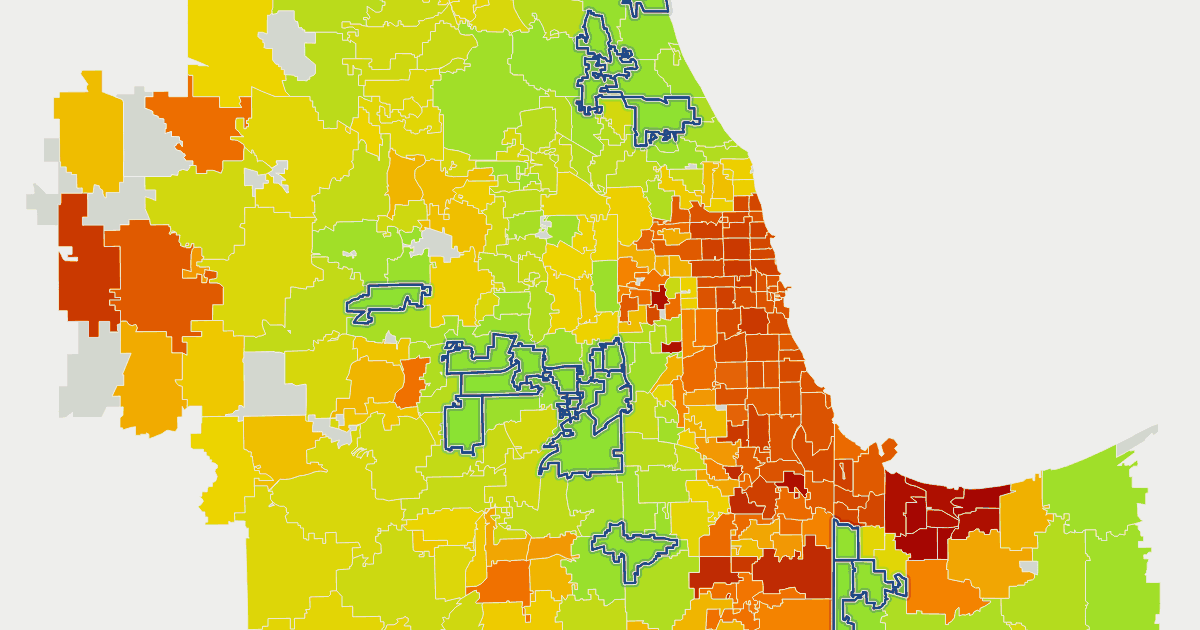Map of Chicago-area zip codes colored from red (low score) to green (high score), with the 20 best-value zips outlined in blue